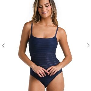 La Blanca Fluid Lines Lingerie One Piece Mesh Detail Women's Size 12 Navy Blue